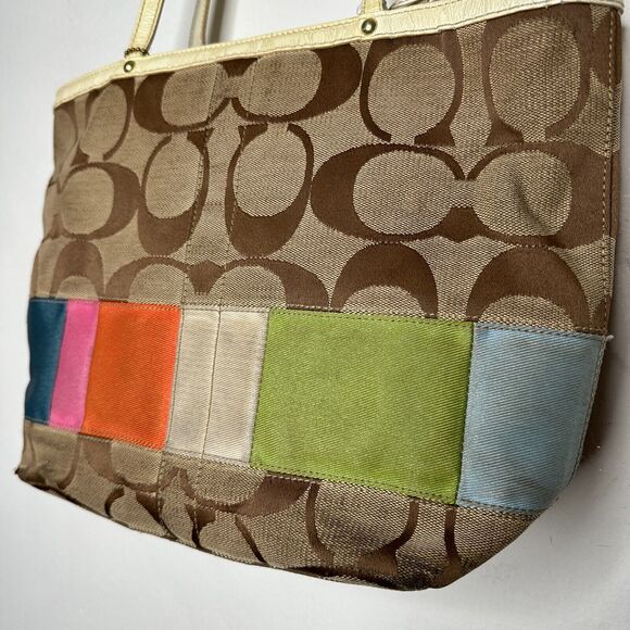Coach Signature Multi-Color Leather Canvas Bag #10859 Clip Close Handle - Picture 2 of 14
